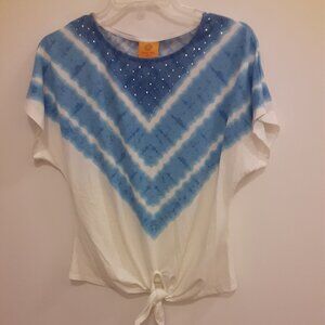 Ruby Rd. (PS) Blue & White Top w/Rhinestones on Scoop Neckline & Caplet Sleeves